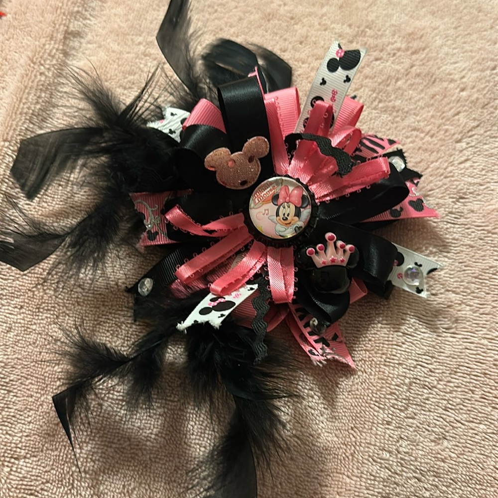 Toddler Hair Bow- Pink/Black Minnie Mouse Hair Bow